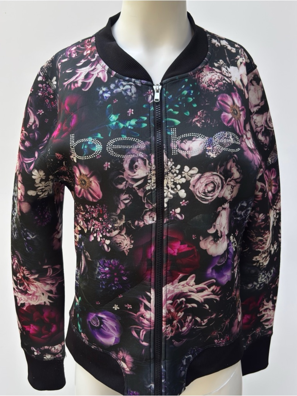 Bebe Sport Y2K Jacket Black With Floral Zip Up Med Bomber style